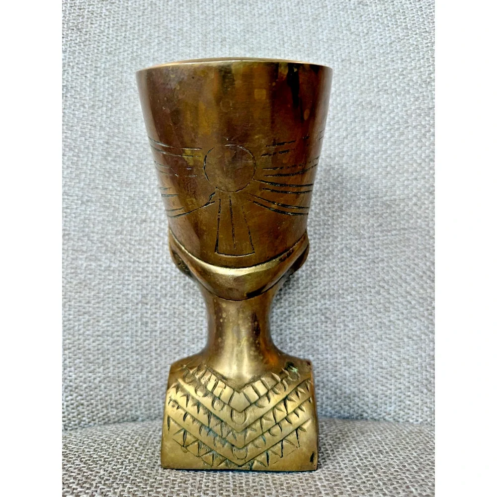 Vintage 1970s Brass Nefertiti Bust Egyptian Revival Statue 9